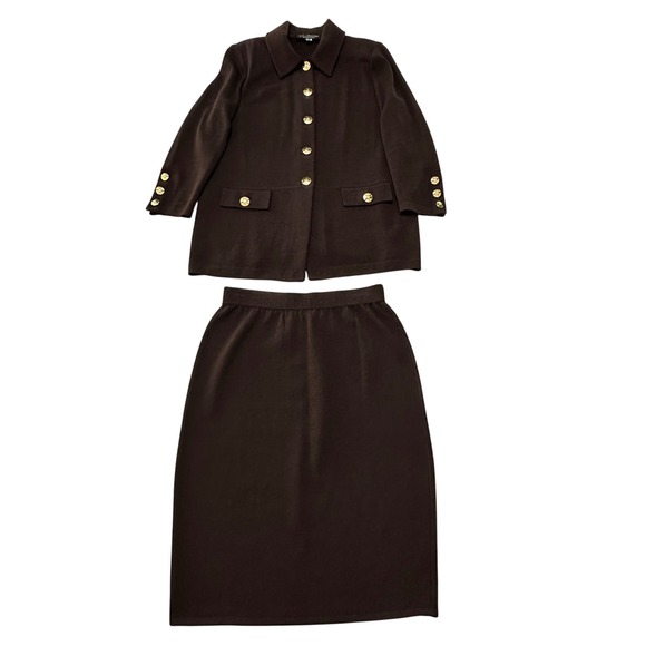 St. John Collection Brown Knit Suit Set Sz 14/12 Gold Buttons Mended Flaws Vtg - Picture 3 of 16